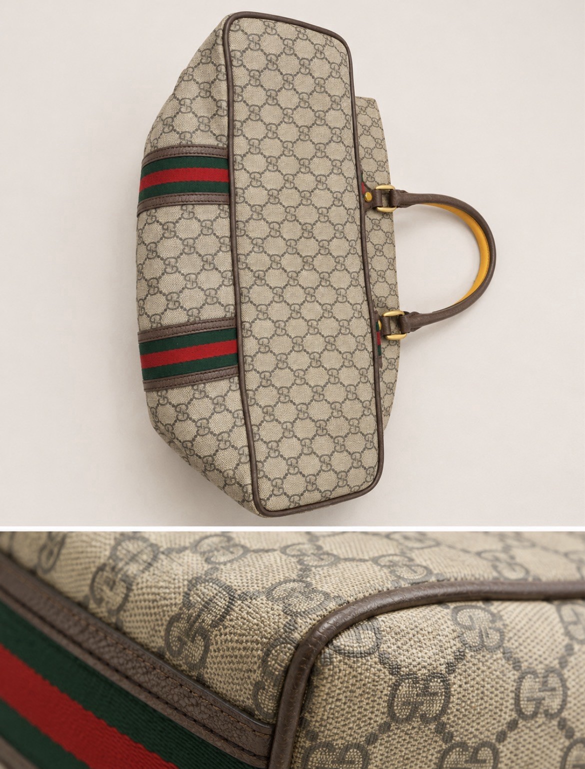 Gucci GG Pattern Web Stripe Tote Bag Zip Top Handle Beige Brown Gold