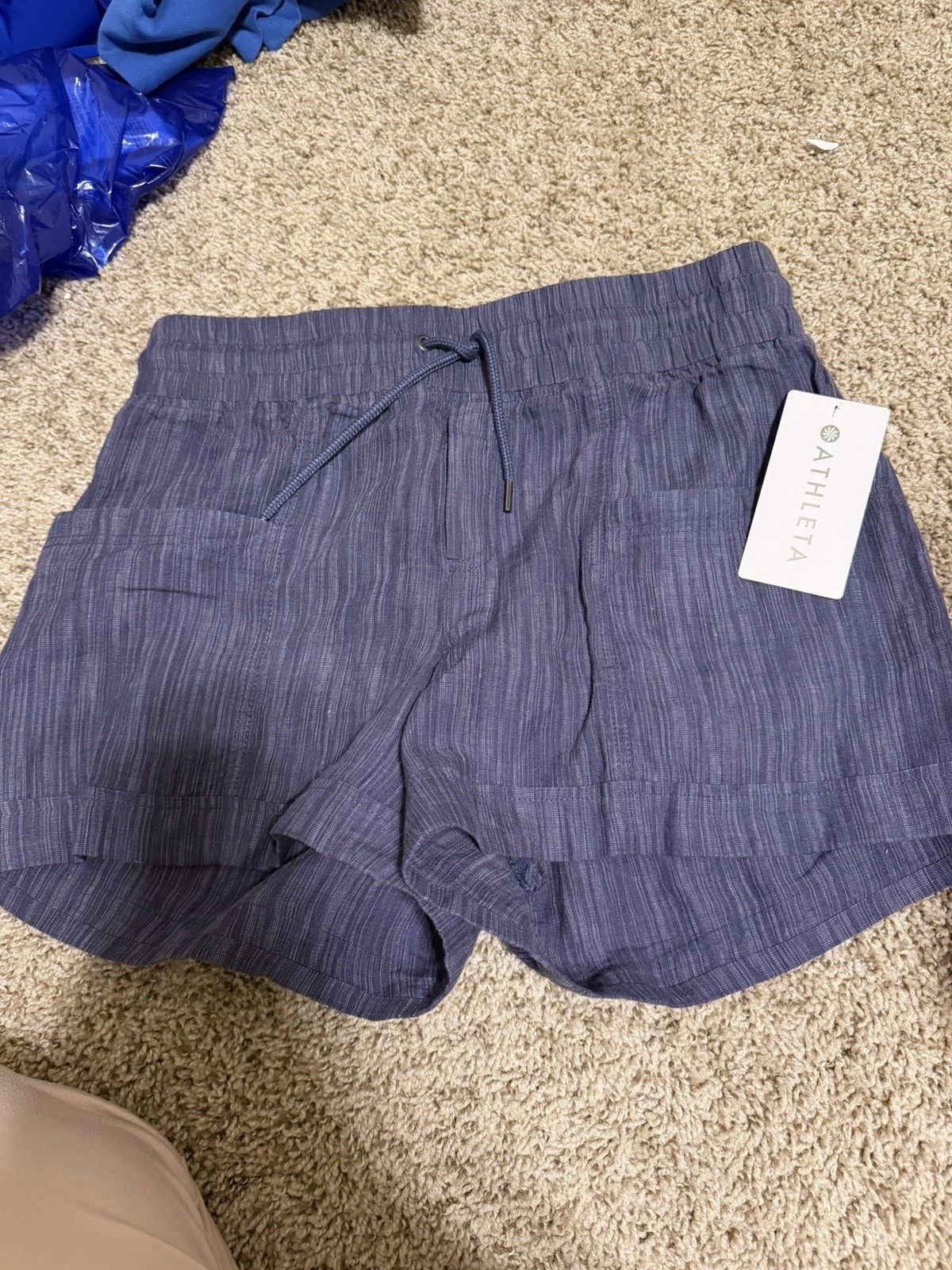 Athleta Linen Textured 4″ Shorts 10 Blue Drawstring Pockets Stripe