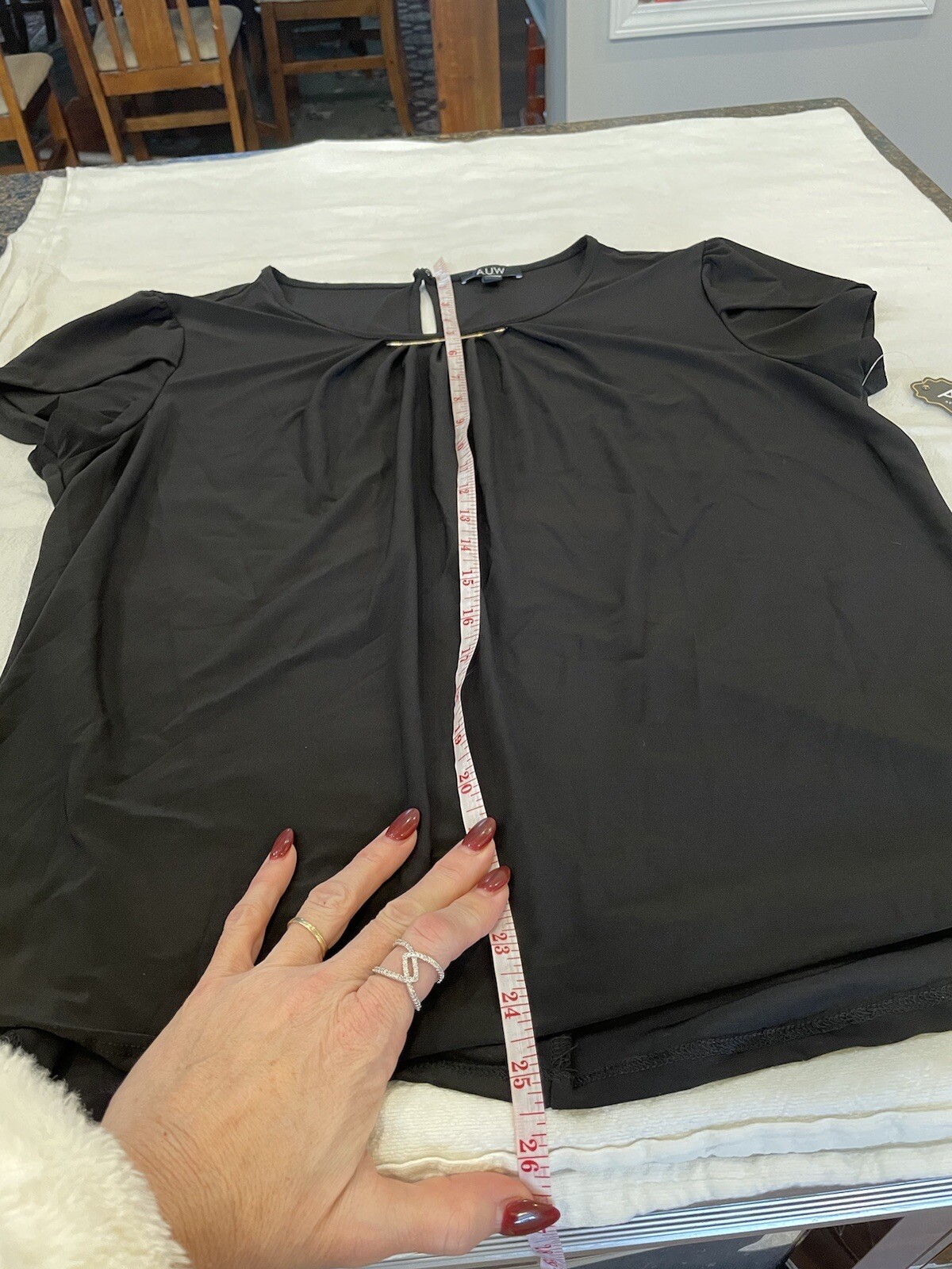 Black round neck cap sleeve blouse with gold Bar Detailing A.U.W. Women’s Large