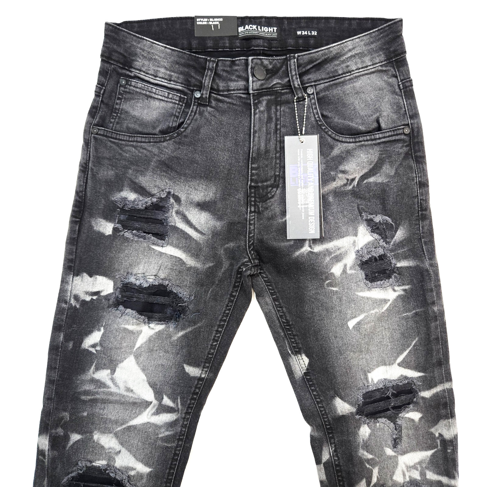 Black Light Men Jeans Stretch Slim Straight Fit Black Distressed Rip Denim