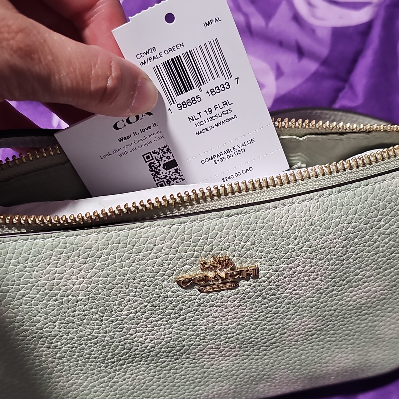 Coach Pale Green Small Zip-Top Shoulder Bag w/ Detachable Strap, Gold