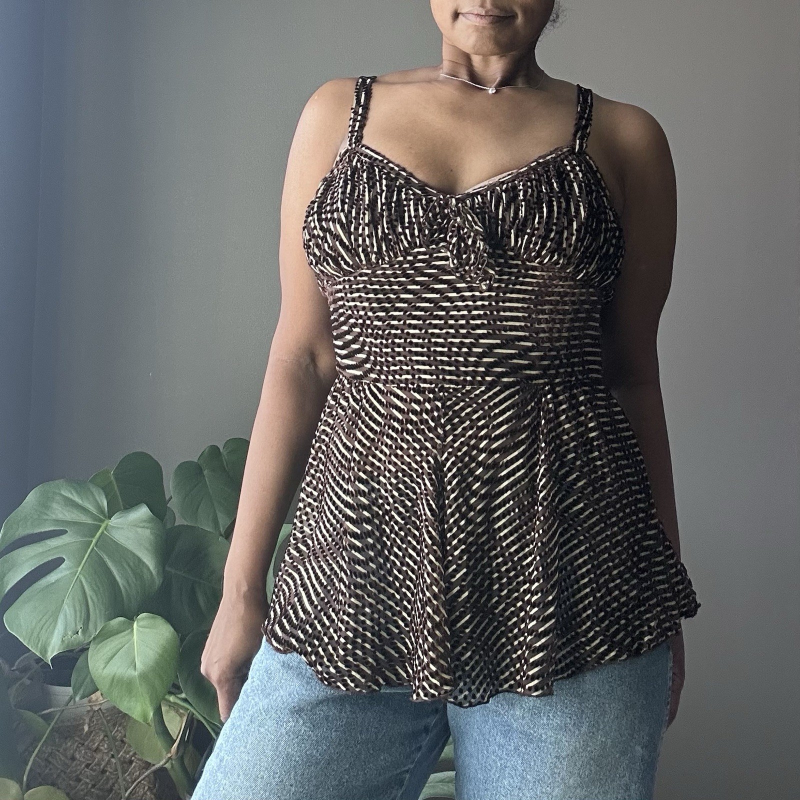 Anna Sui Spaghetti Strap Top Women’s 10 Brown Stripes Polka Dots Silk Blend