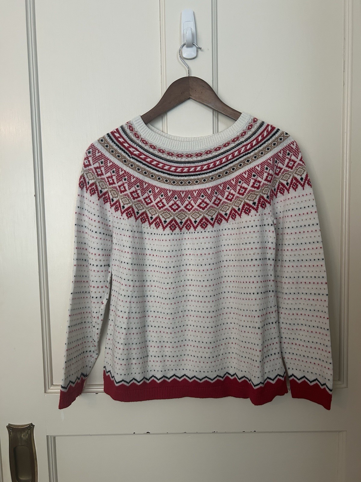 Talbots Fair Isle Wool Blend Sweater Womens Size LP Red Ivory Classic Holiday