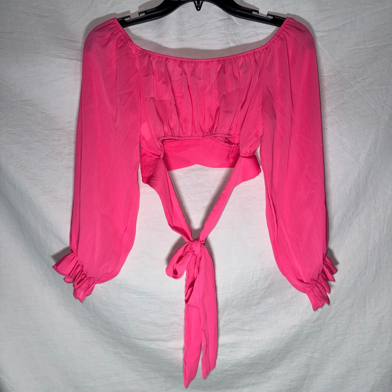 Lyaner Hot Pink Barbie Core Tie Back Crop Top Long Lantern Sleeve Size Medium