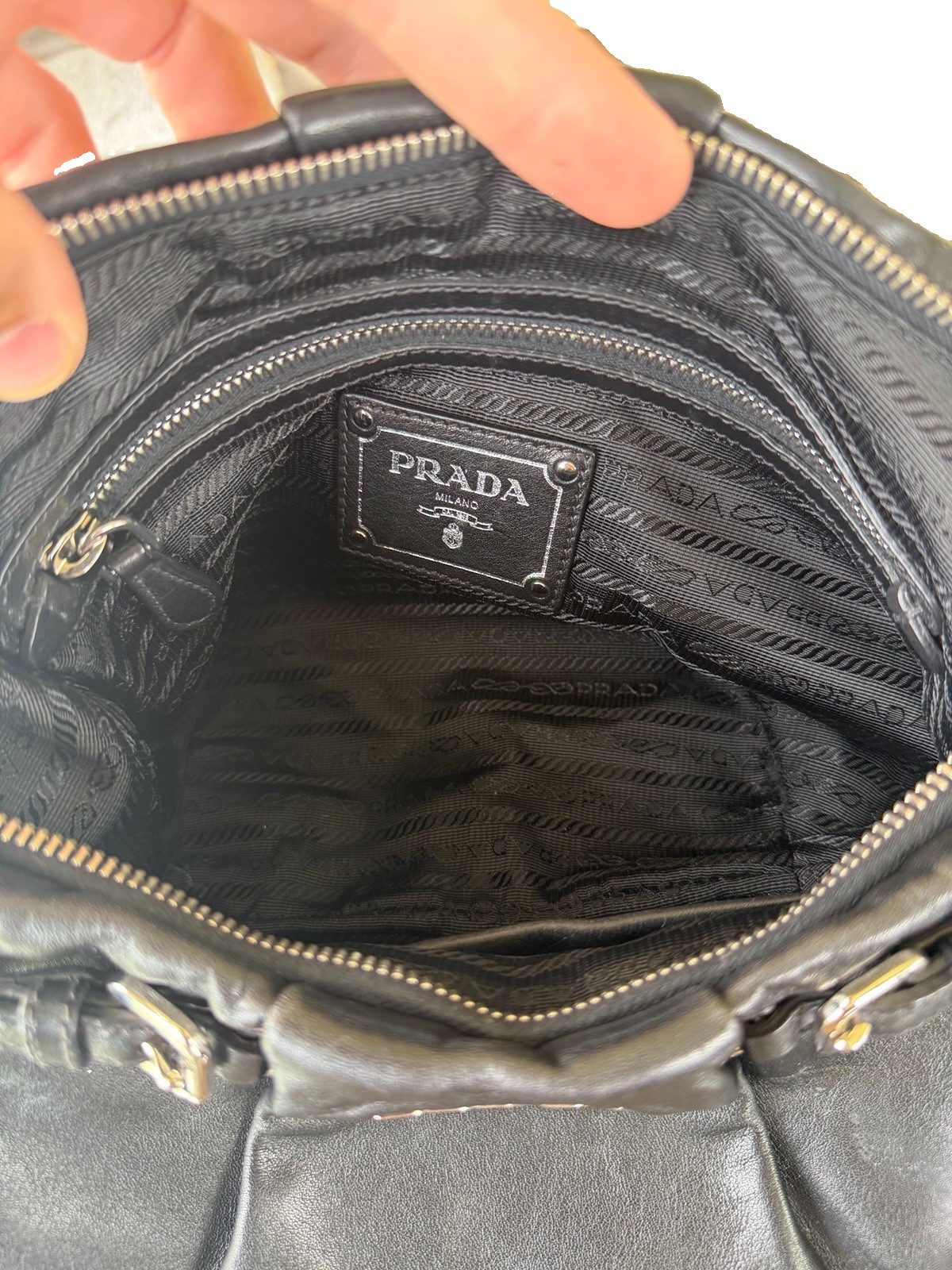PRADA Black Crescent Shoulder Hobo Bag Zip Silver Hardware Logo Strap Pockets