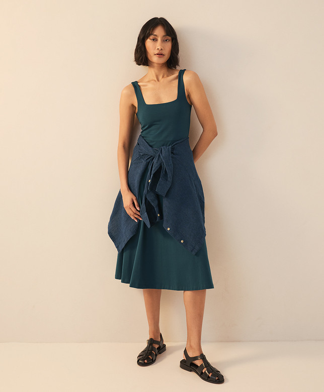 PACT Organic Fit & Flare Square Neck Dress, Deep Aqua NEW
