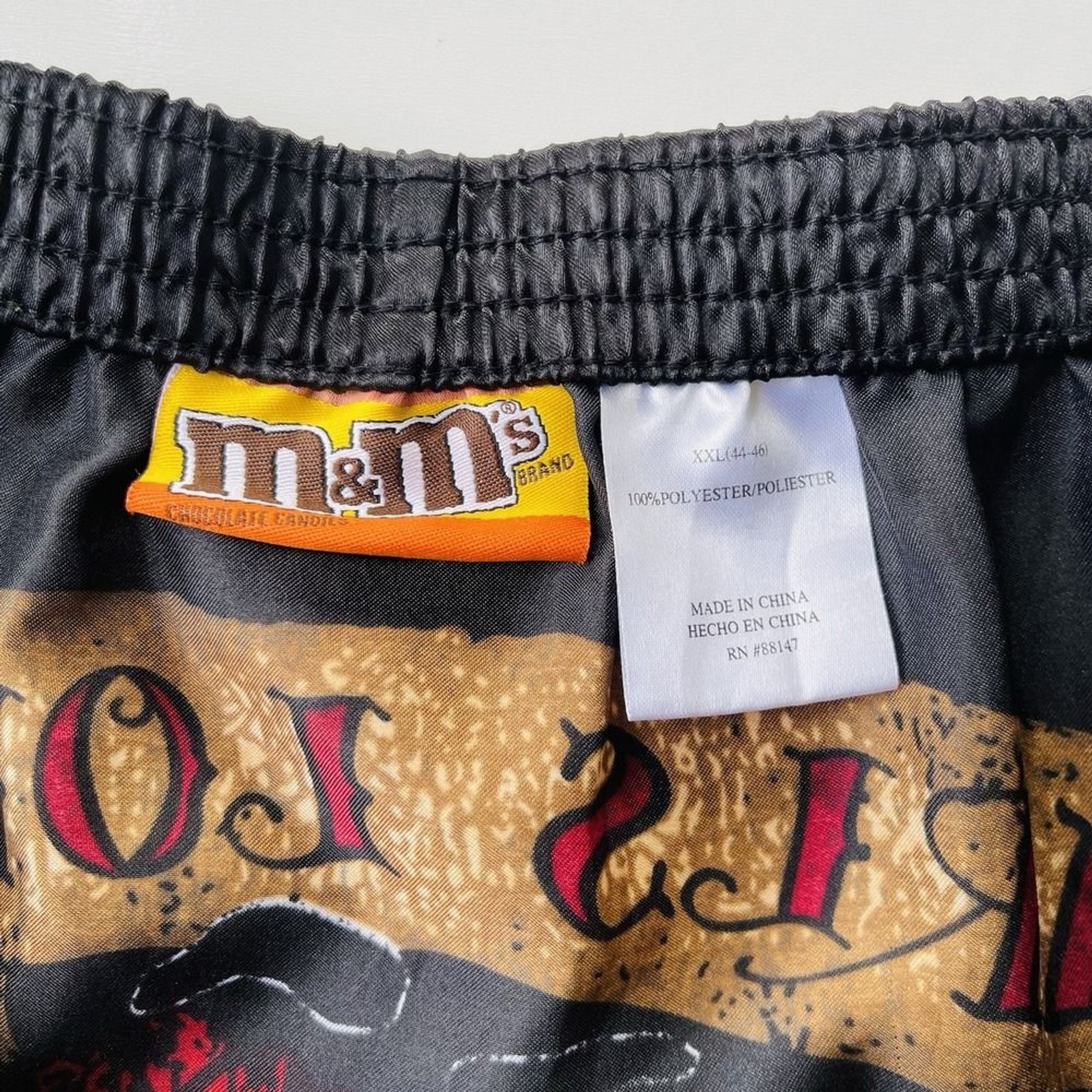 Vintage M&M’s Boxer Shorts XXL 44-46 Black Satin Candy Print Lounge Sleepwear