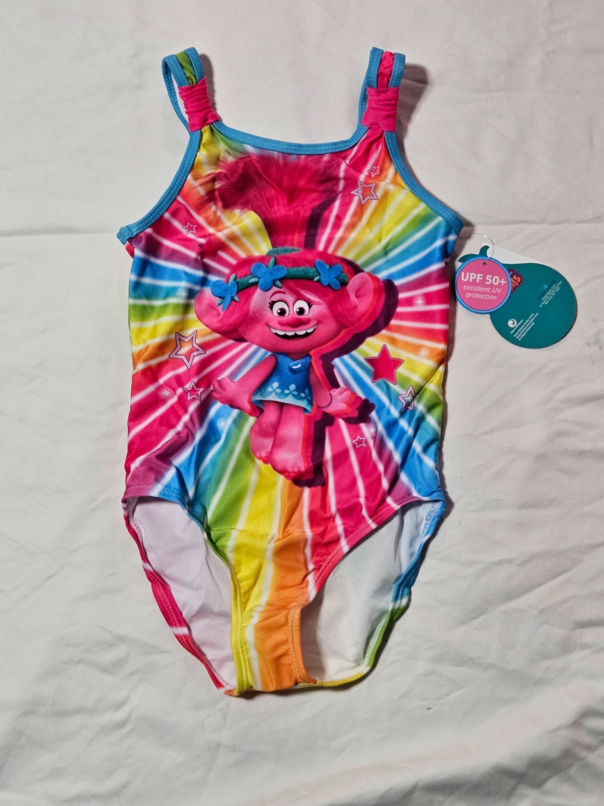 Medium Trolls Swimsuit for Girls, One Piece, Pink with Rainbow Colors, NWT