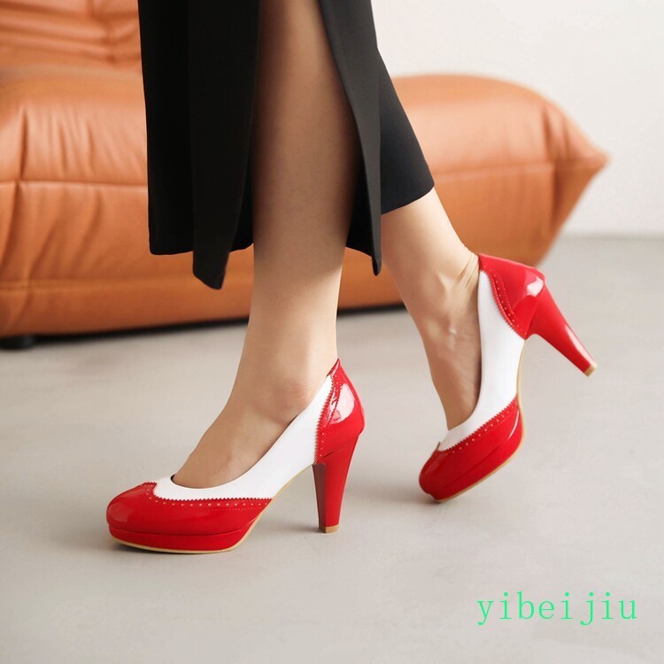 Women’s Fashion High Heel Dress Pumps Two Tone Colorblock Leather Shoes Wing Tip