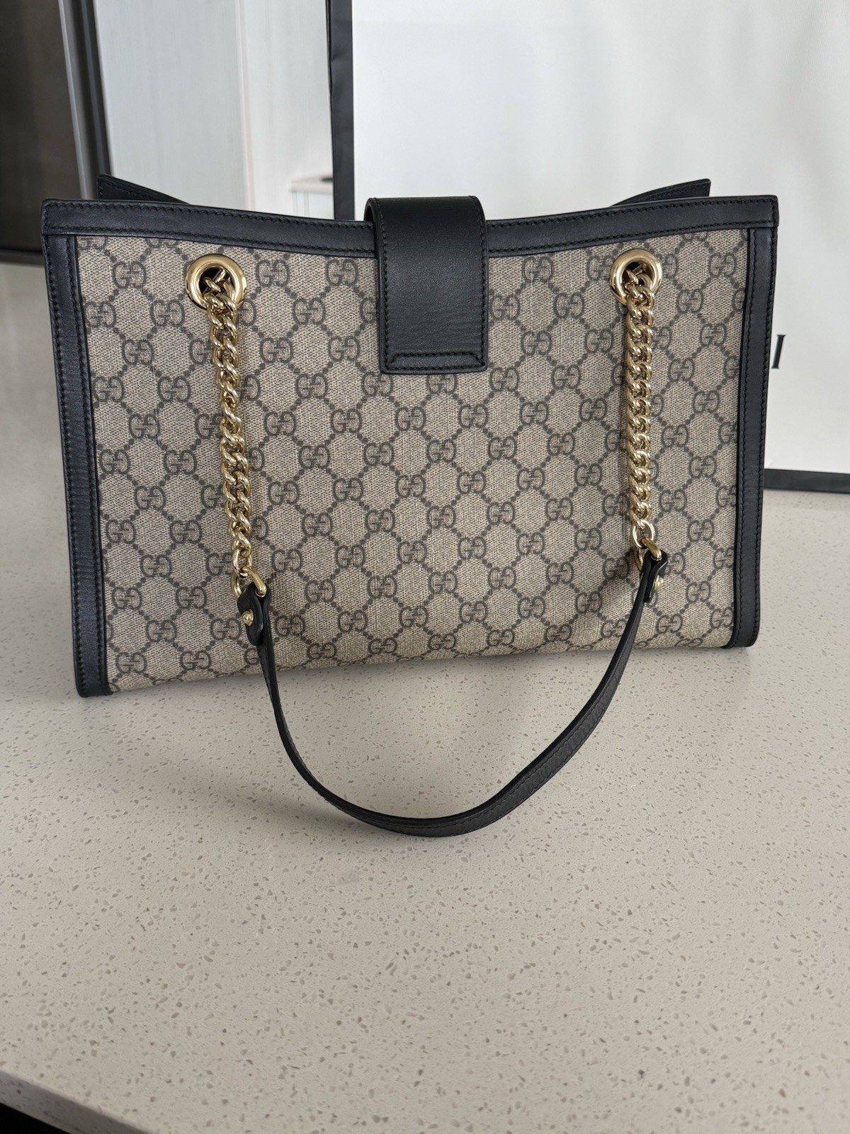 Gucci GG Padlock Medium Top Handle Bag Beige Black Gold Lock Chain Strap
