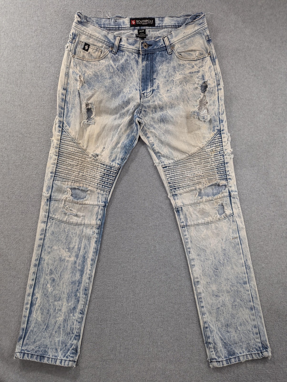 Southpole Moto Jeans Mens 34×34 Blue Acid Wash Slim Distressed Biker Denim