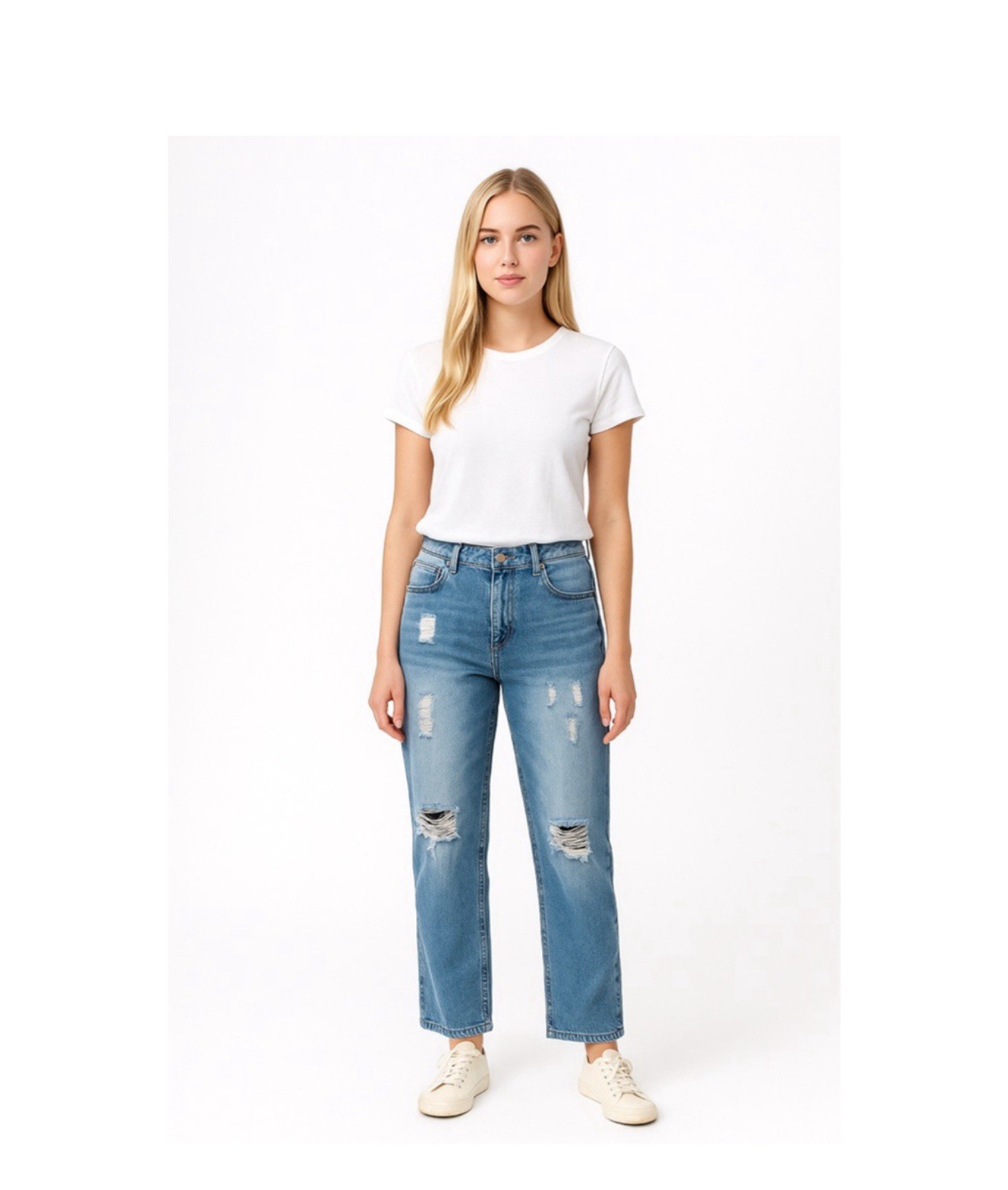Jeans Distressed Blue Straight High Rise Plus Cotton Blend Denim Pockets 395