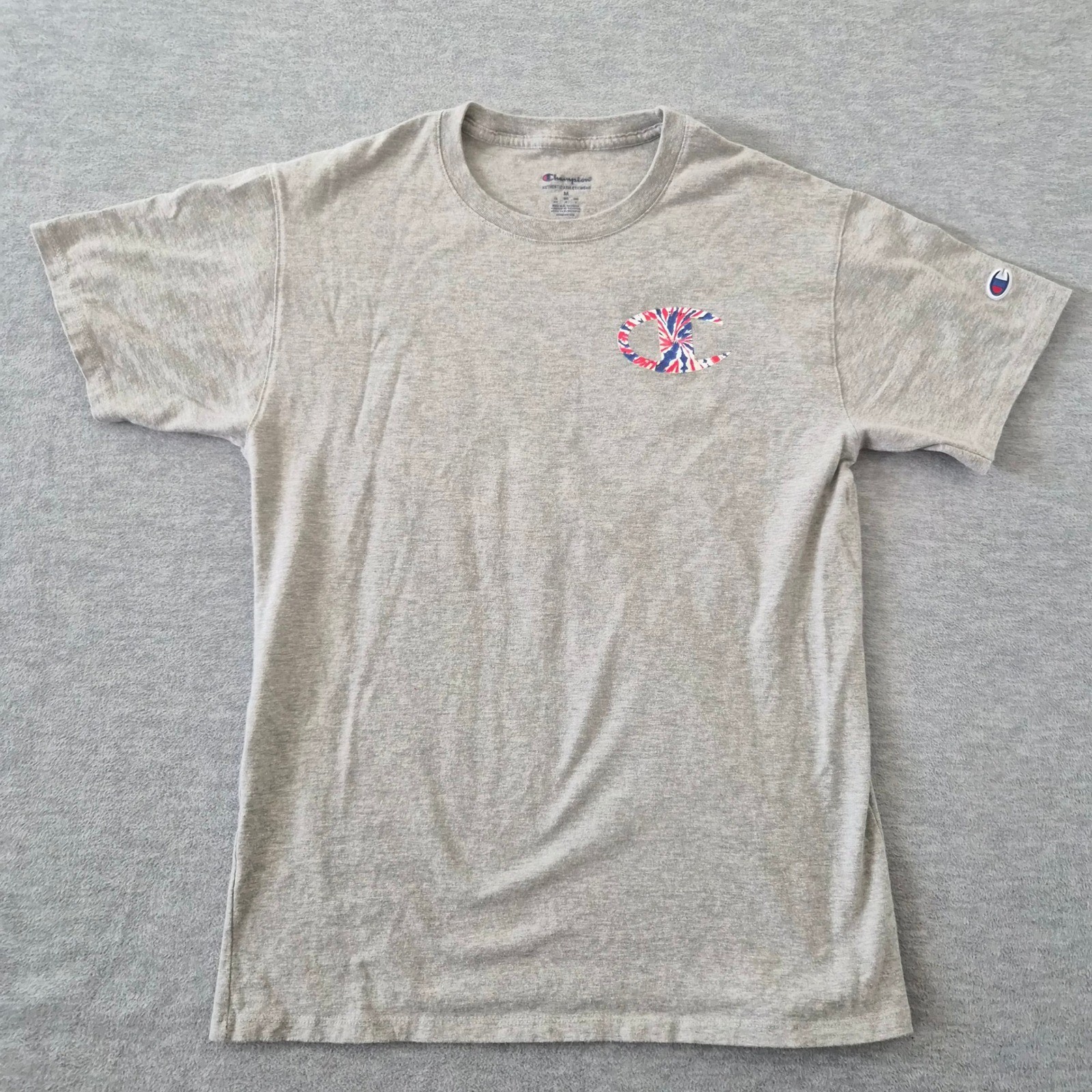 Champion Mens Gray T-Shirt Big C Tie Dye Logo Red White Blue Size M GT23H 806