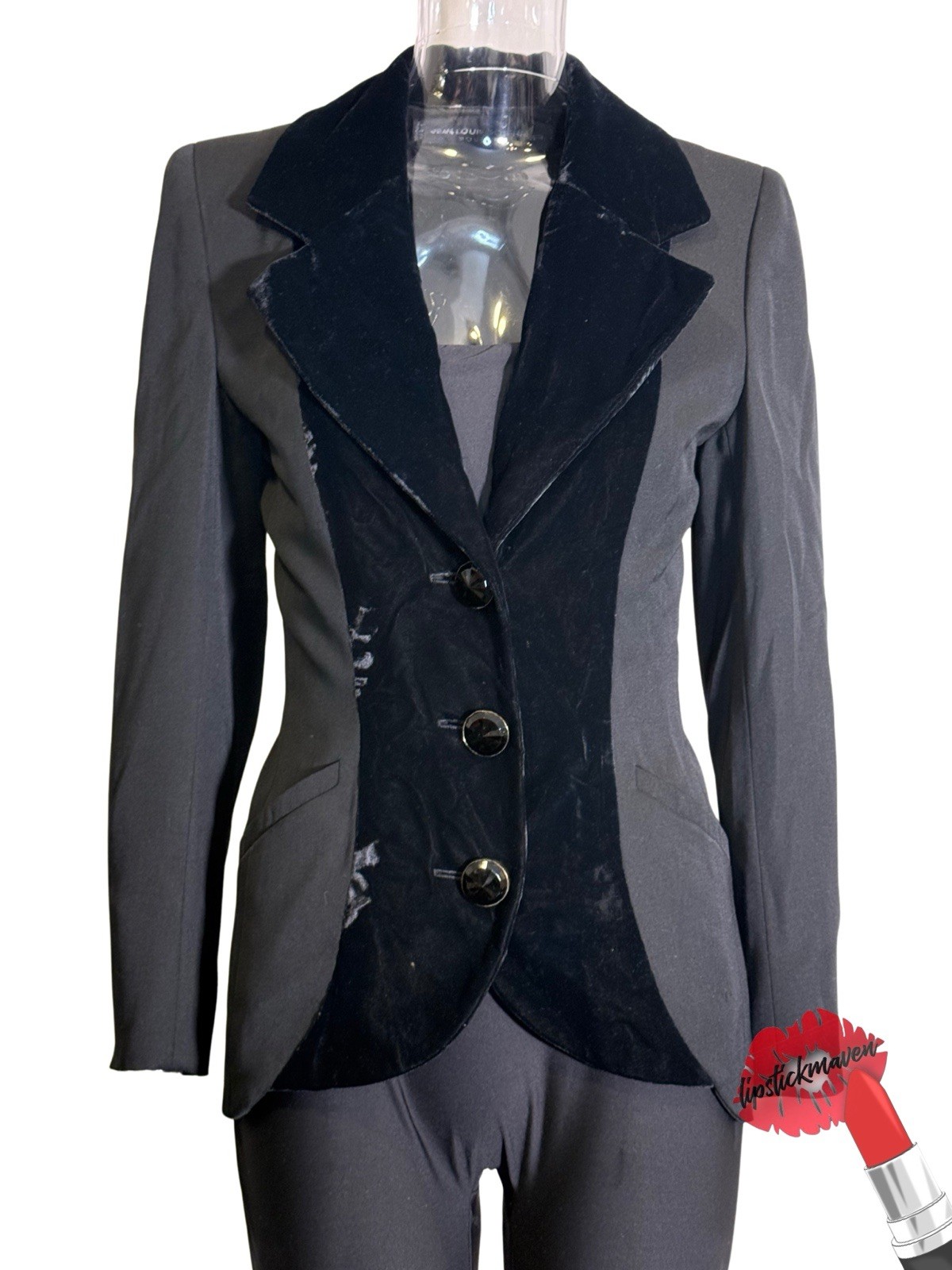 Vintage Jean Louis Scherrer Blazer Womens No Size Tag Black Velvet Panel Classic