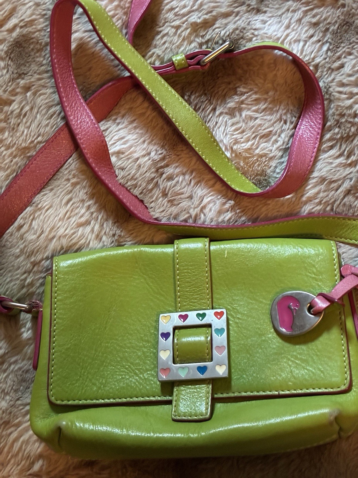 Dooney & Bourke Green & Pink Heart Buckle Crossbody Magnetic Closure Det Strap