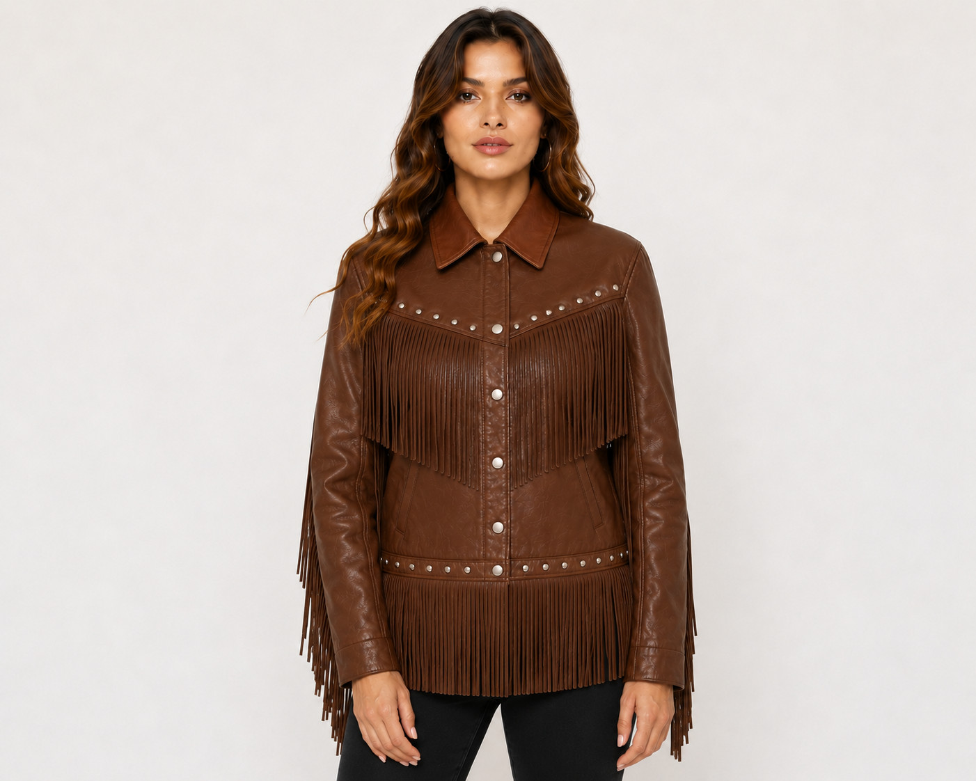 Womens Brown Leather Fringe Jacket – Western Studded Cowgirl Vintage Button Coat