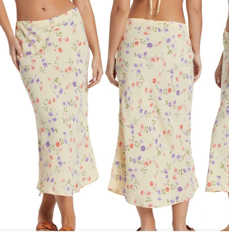 Billabong Summer Side Kismet Floral Midi Skirt L Yellow Boho Viscose