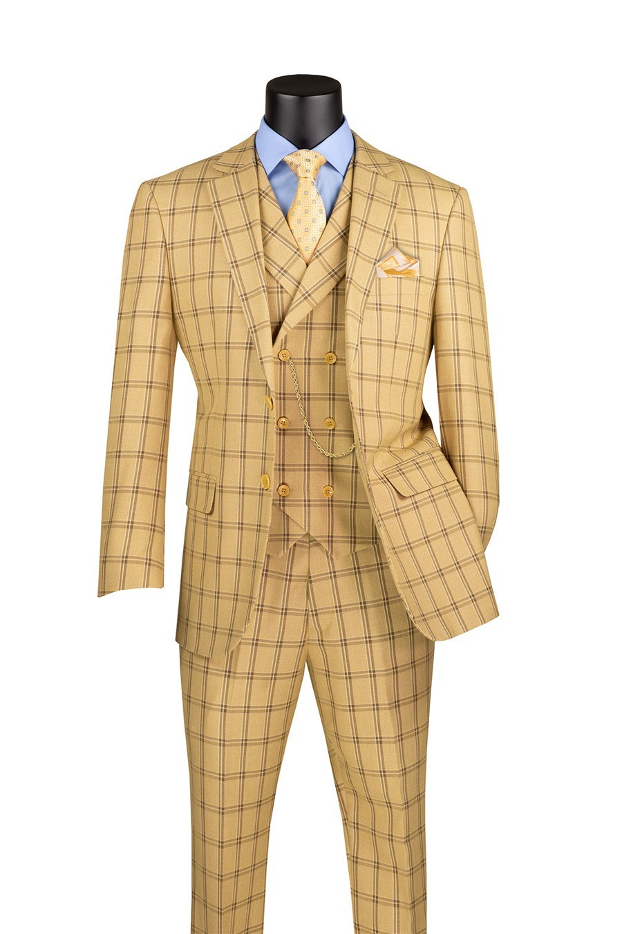 Vinci Men’s Modern Fit Peak Lapel Glen Plaid 3-Piece Suit with Vest