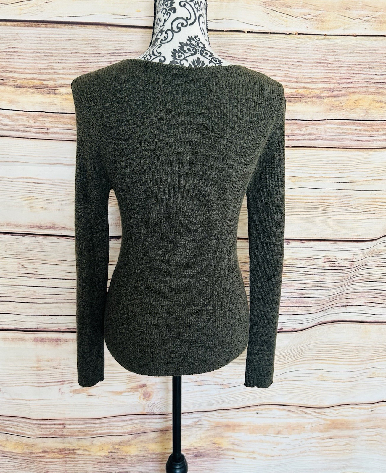 No Boundaries Juniors Green Olive Marl Lace Up Neck Long Sleeve Ribbed Sweater