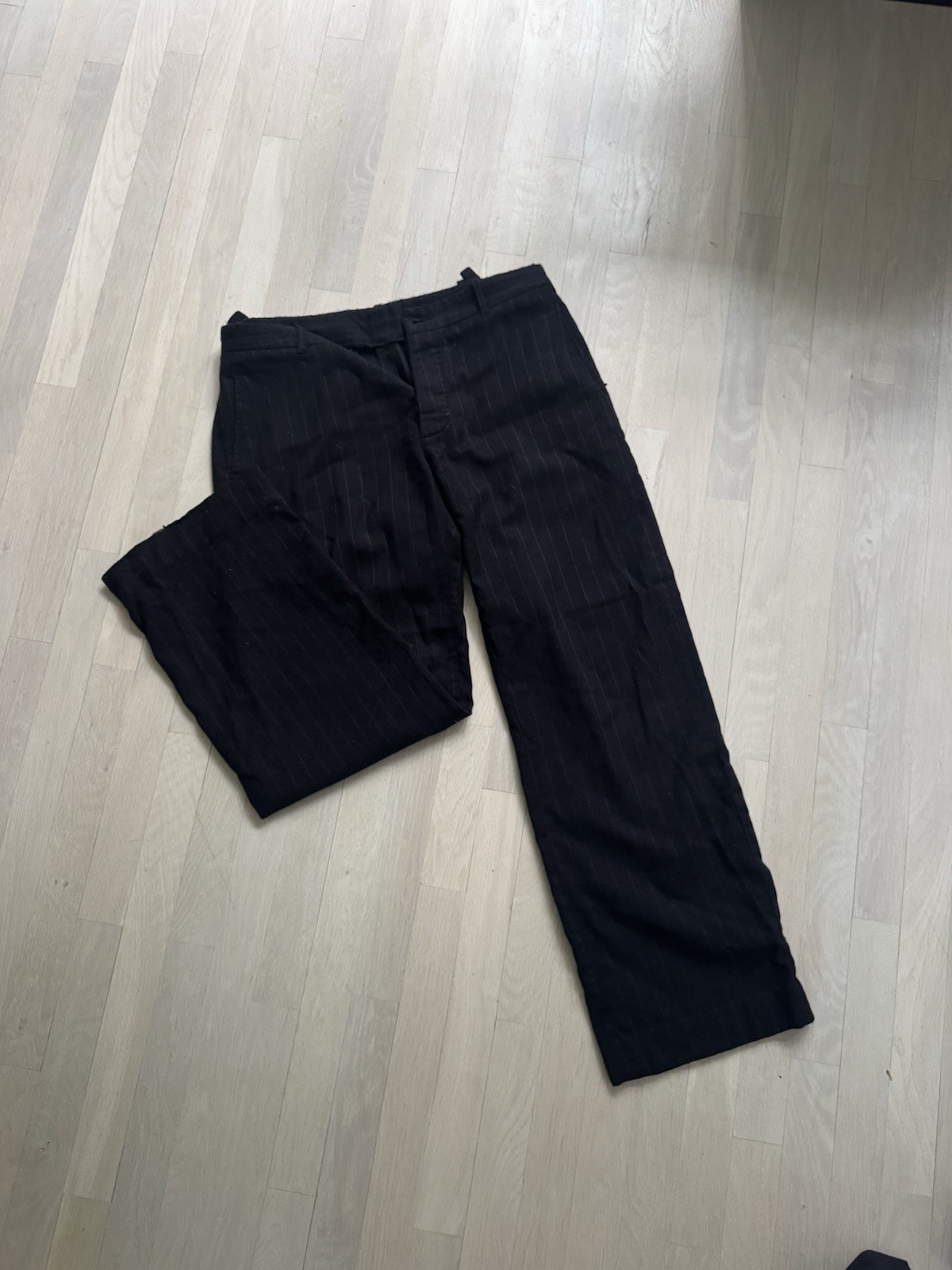 Ann Demeulemeester Wide Leg Wool Buckle Pinstripe Trousers Navy Brown XL