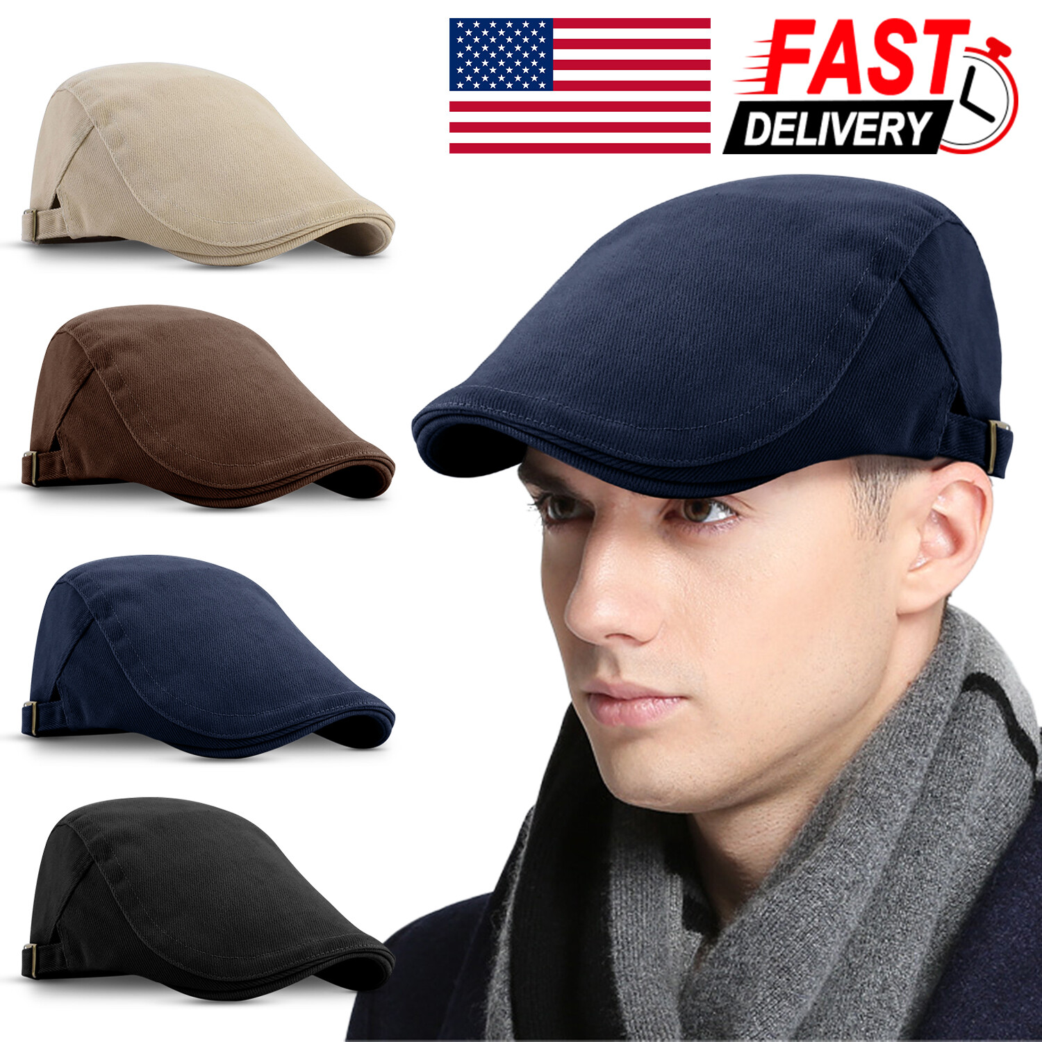 Solid Cotton Gatsby Cap Mens Ivy Hat Golf Driving Sun Flat Cabbie Newsboy Summer