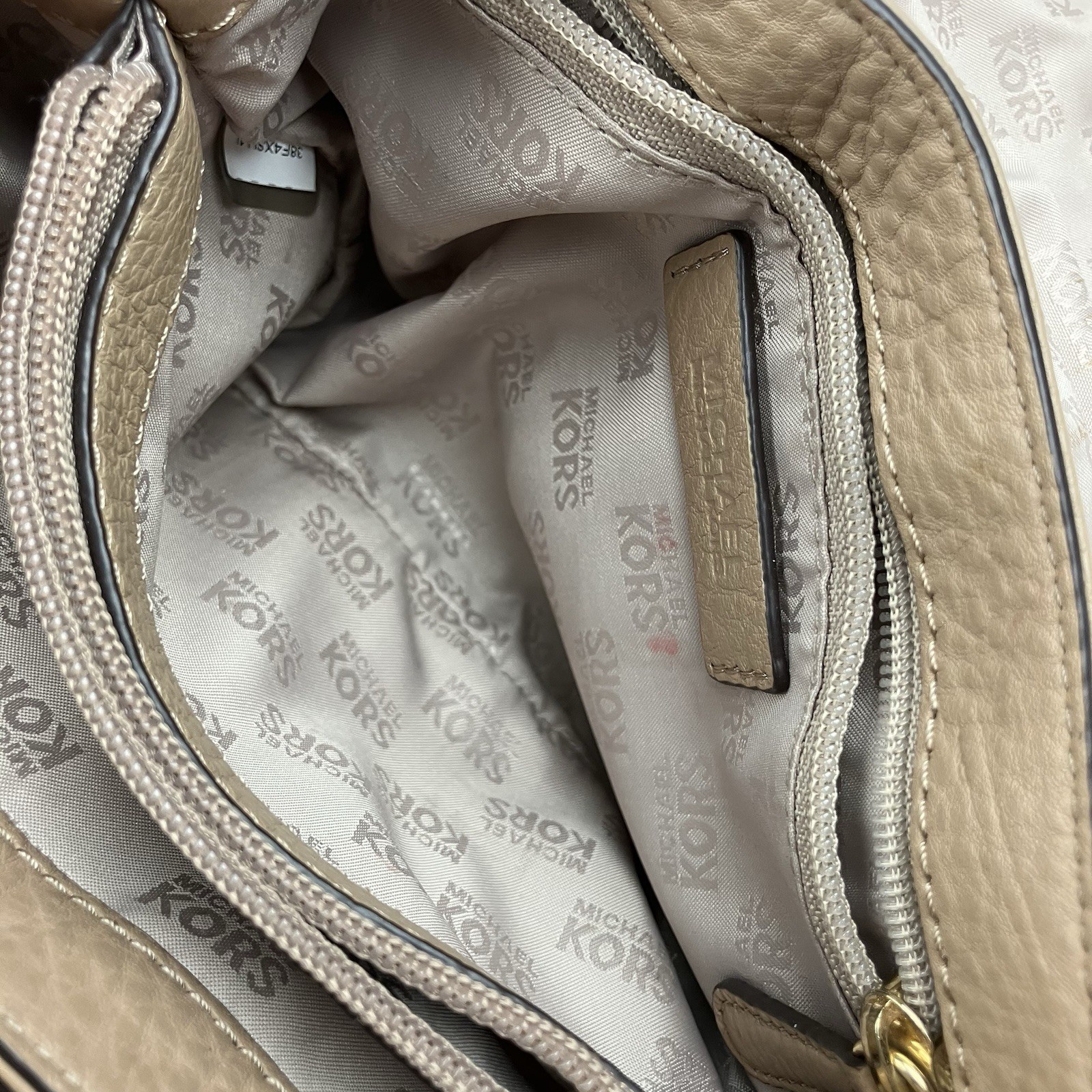 Michael Kors Sloan Tan Pebbled Crossbody Bag Small Turn Lock Chain Strap Gold