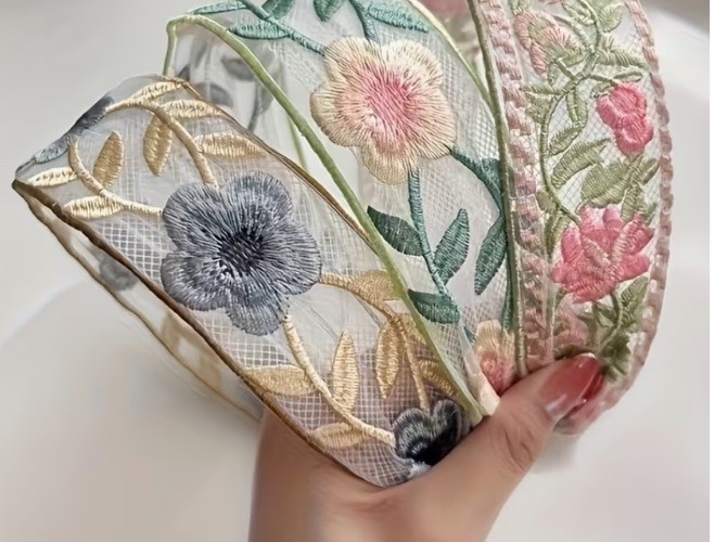 Vintage Retro Green And Yellow Floral Embroidered Lace Fabric Hair Band Headband