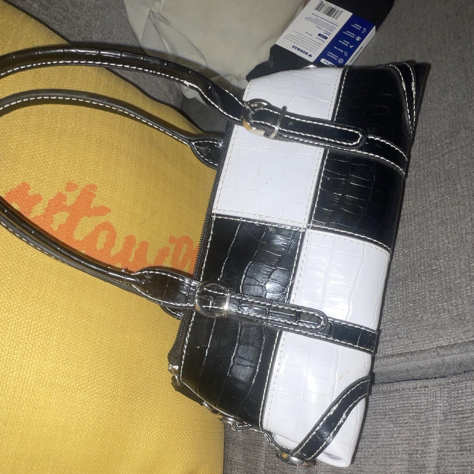 NYC Croc Embossed Satchel Top Handle Bag Black/White Zip, Silver Hardware