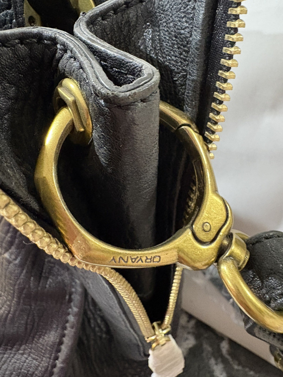 OrYany Distressed Pebbled Leather Bag Satchel Hand Bag Golden Hardware Ret $585