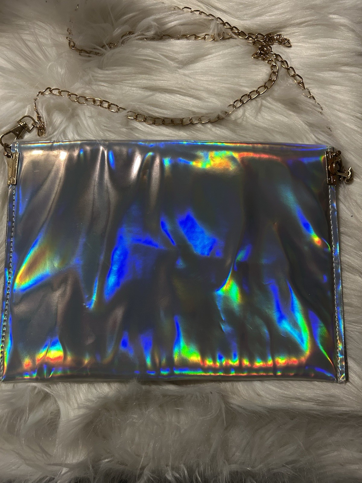 Holographic Silver Iridescent Envelope Crossbody Bag Gold Chain Strap Magnetic