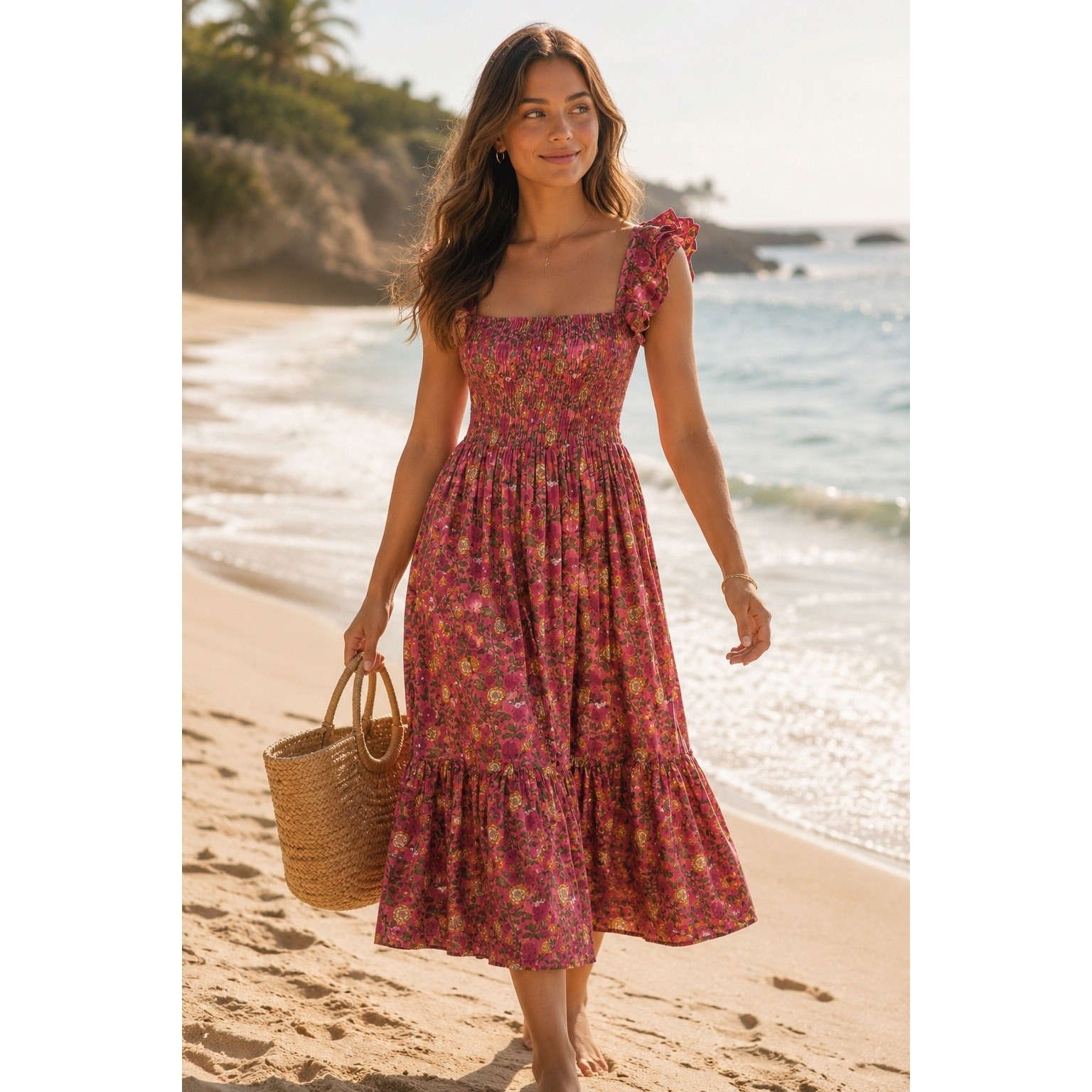 Mille Olympia Floral Smocked Midi Dress Ruffle Strap Cottagecore Coastal Sz XXS