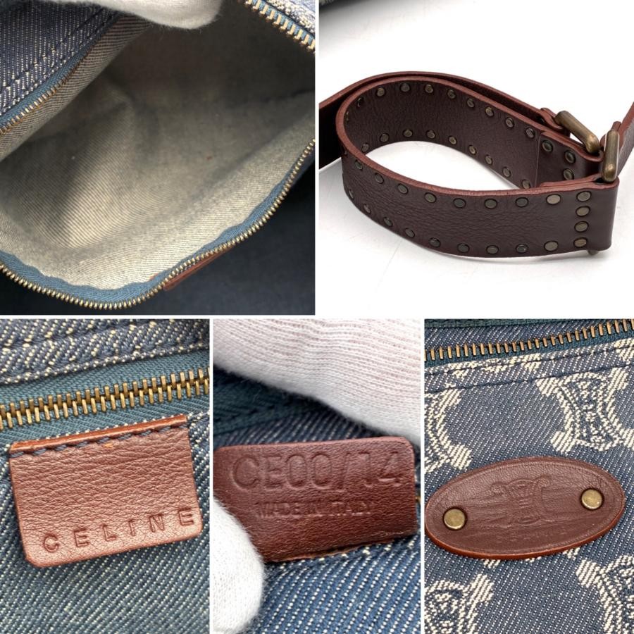 CELINE Paris Macadam Half Moon Denim Leather Shoulder Bag Blue Brown Auth