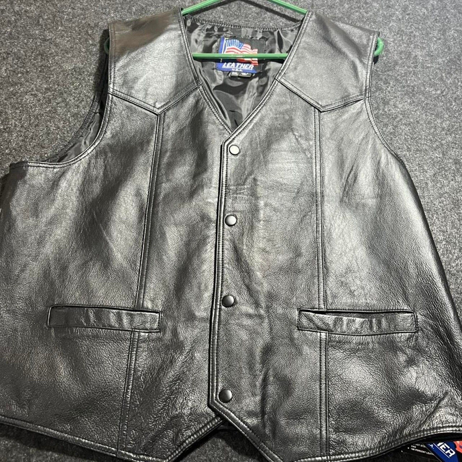Unique Black USA leather USMC vest with orange accents
