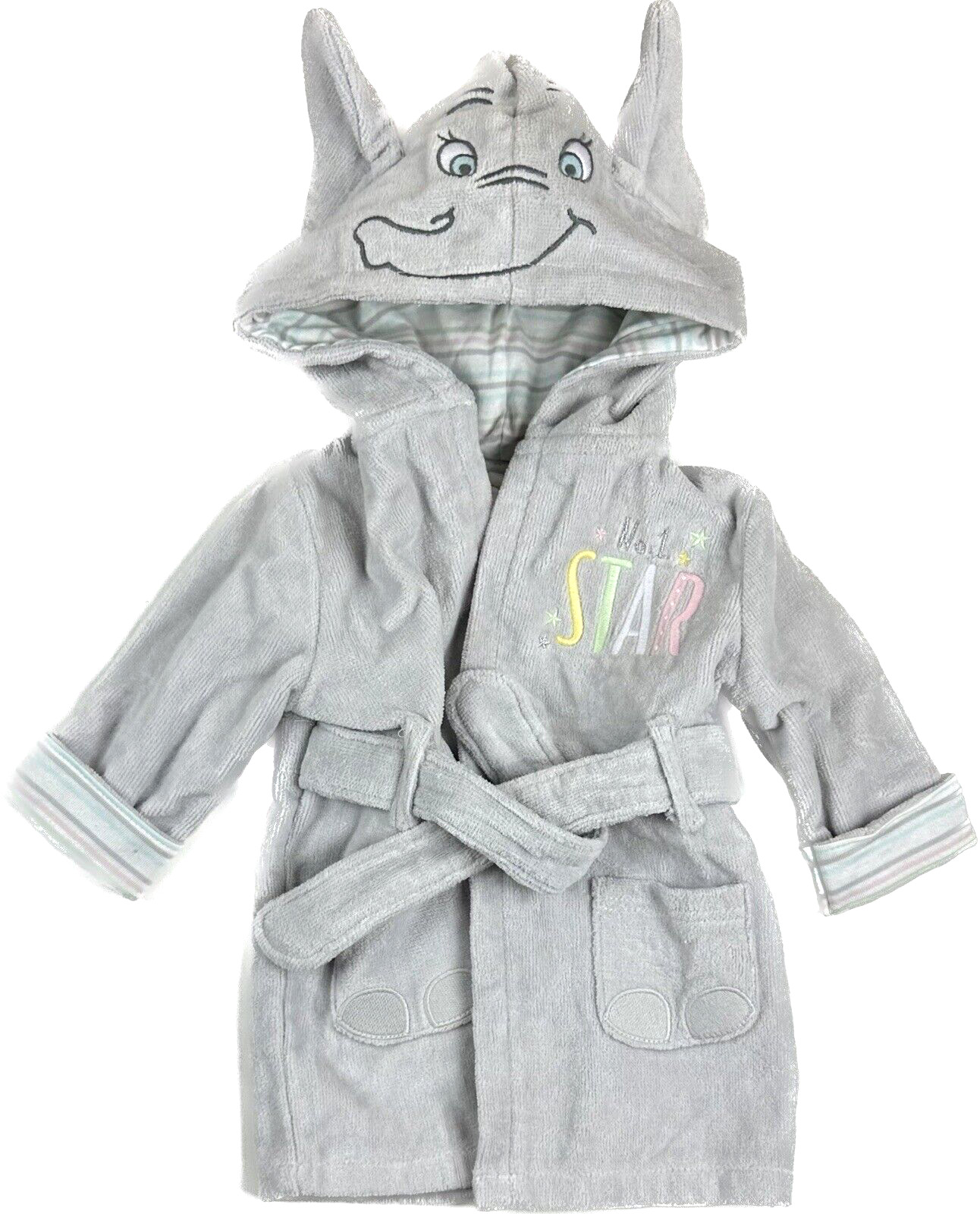 Disney Baby Grey Long Sleeve Hooded Embroidered No 1 Star Dumbo Bath Robe 6-9 MO