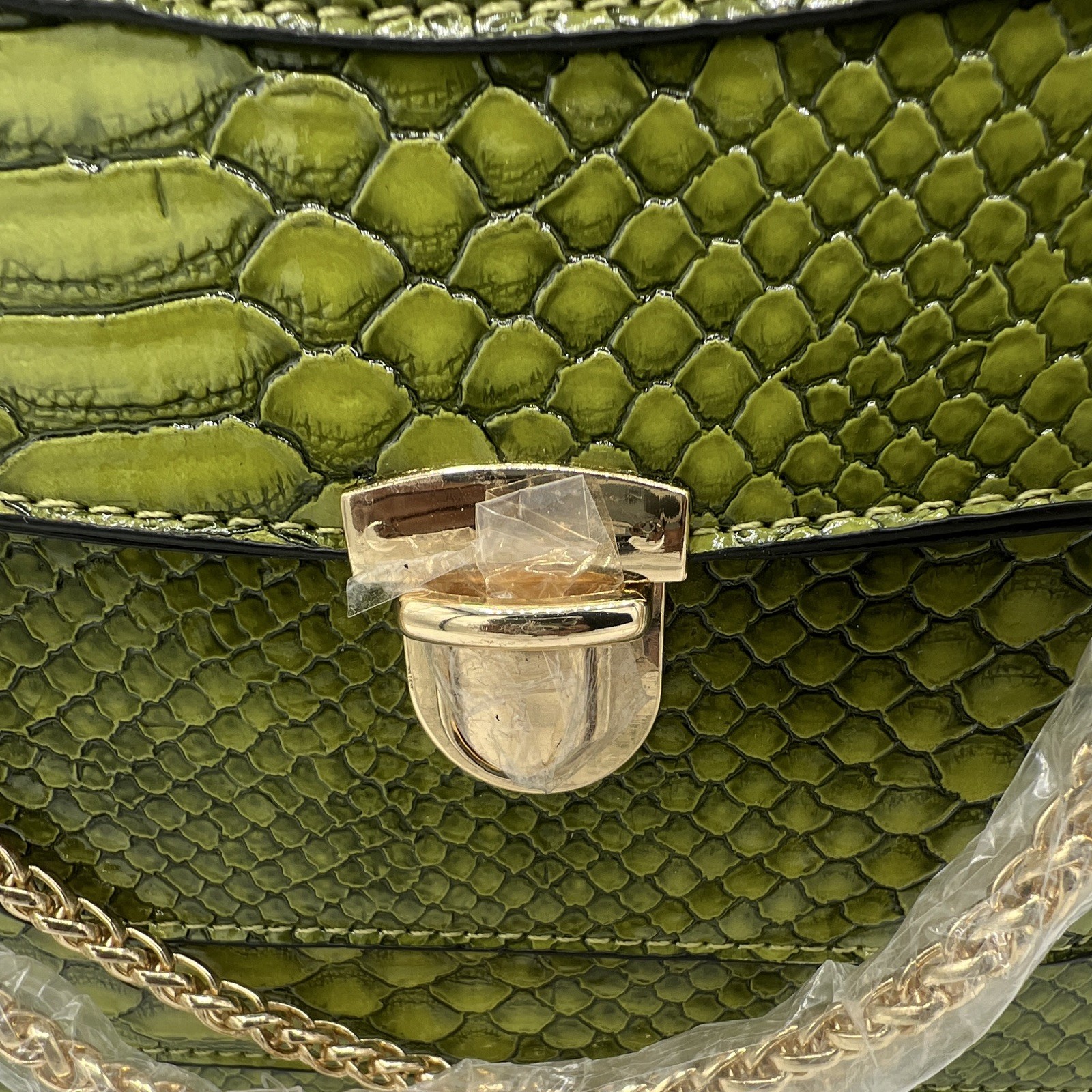 Mellow World Green Snake Print Shoulder Bag Gold Chain Strap Push Lock Pockets