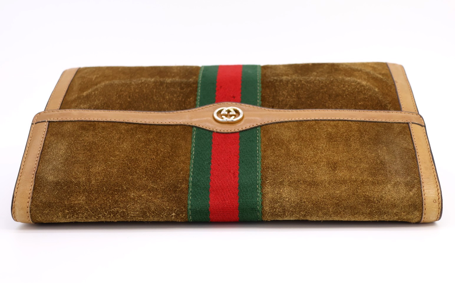 GUCCI VINTAGE Web Stripe Clutch Suede Leather Camel Large Rare Authentic
