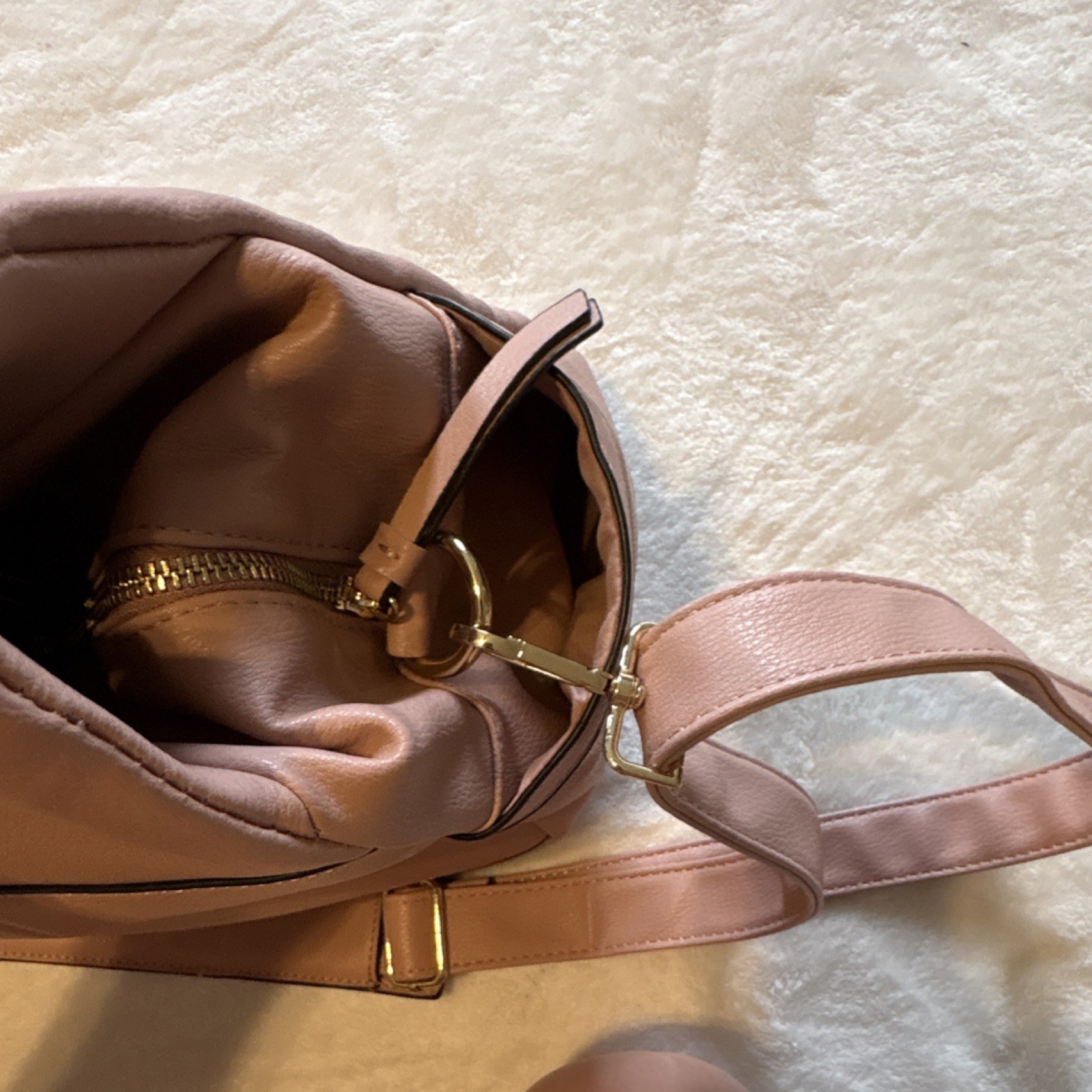 Blush Pink Shoulder Bag Gold Hardware Buckle Accent Zipper Detachable Strap