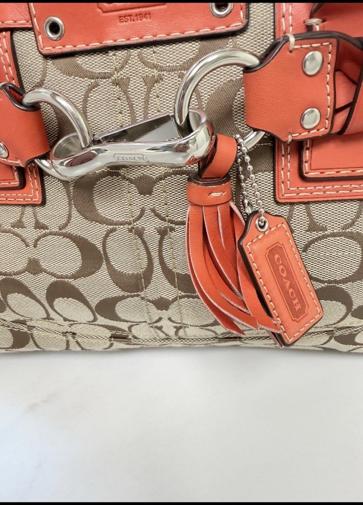 Coach Signature Logo Satchel/Top Handle Bag Beige/Brown/Orange Lining