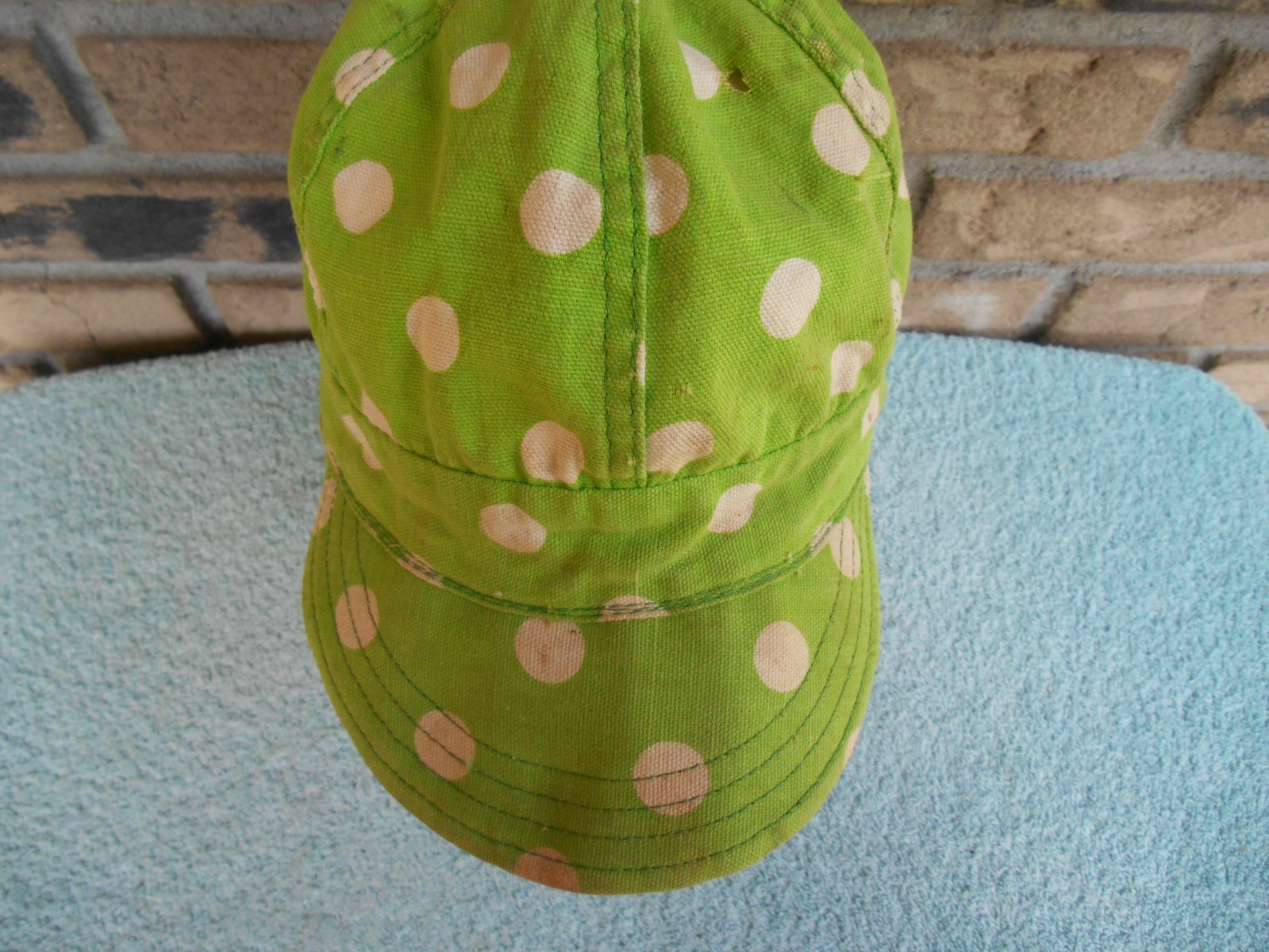 Vintage COTTON WELDERS CAP. GREEN & WHITE DOTS. SIZE SMALL 6-7/8. HAS HOLES!