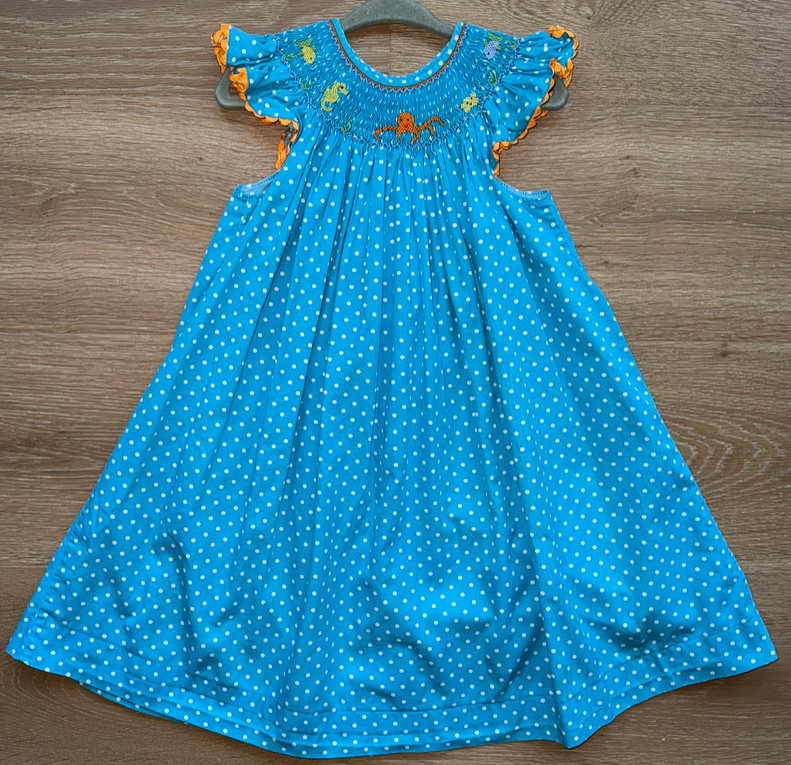 Mom & Me Embroidered Smocked Blue White, Ocean, under the sea dress 2T