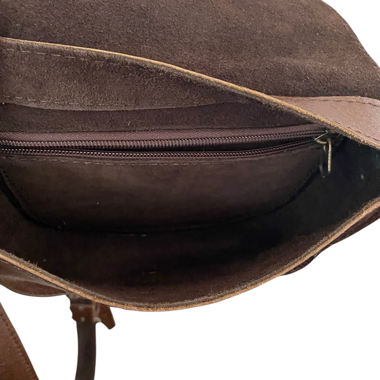 Brown Saddle Leather Vintage Raw Suede Lined Source Unknown Crossbody Bag