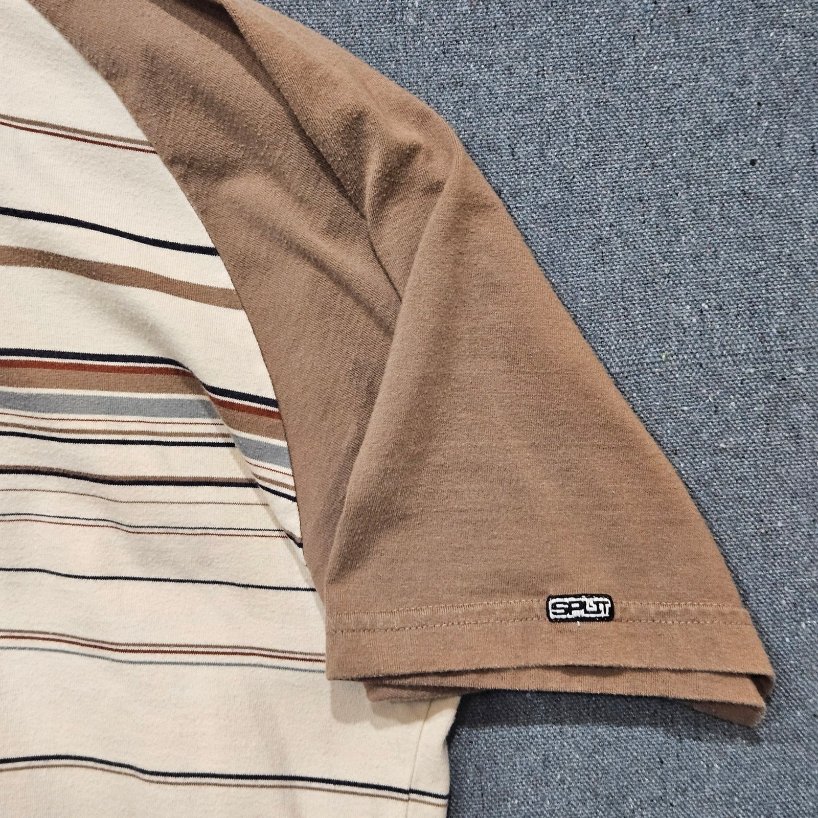 Split Skater Polo Shirt Mens Large Brown Cream Striped Raglan Y2K Streetwear