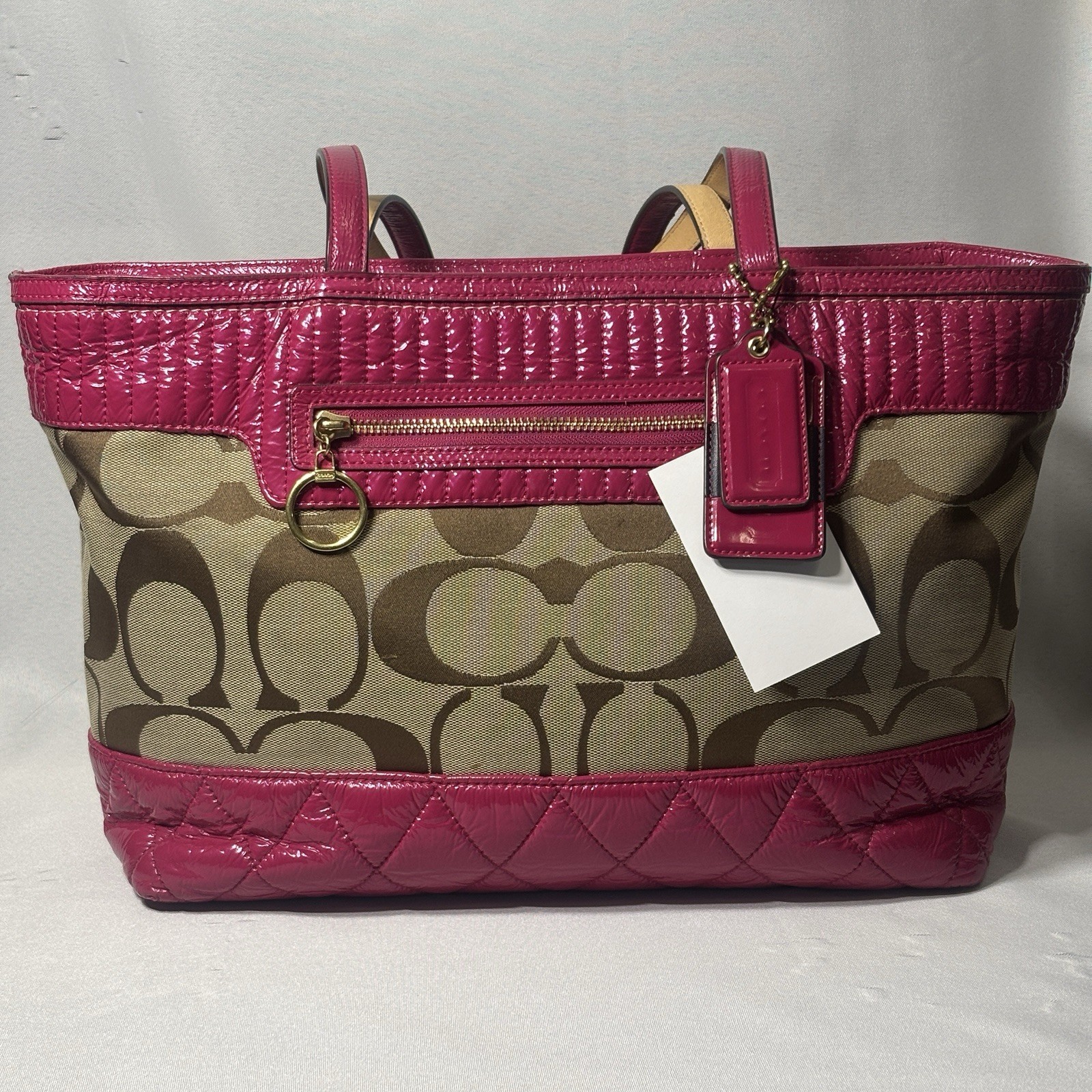 Coach 18676 Signature Poppy Quilted Khaki And Magenta Pink Tote Bag