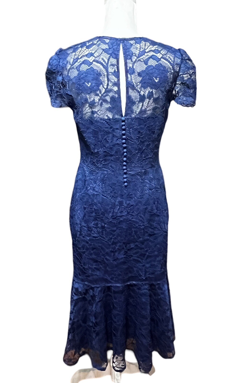 Gal Meets Glam Eve Illusion Lace Ruffle Hem Short Sleeve Midi Dress Navy Size 8