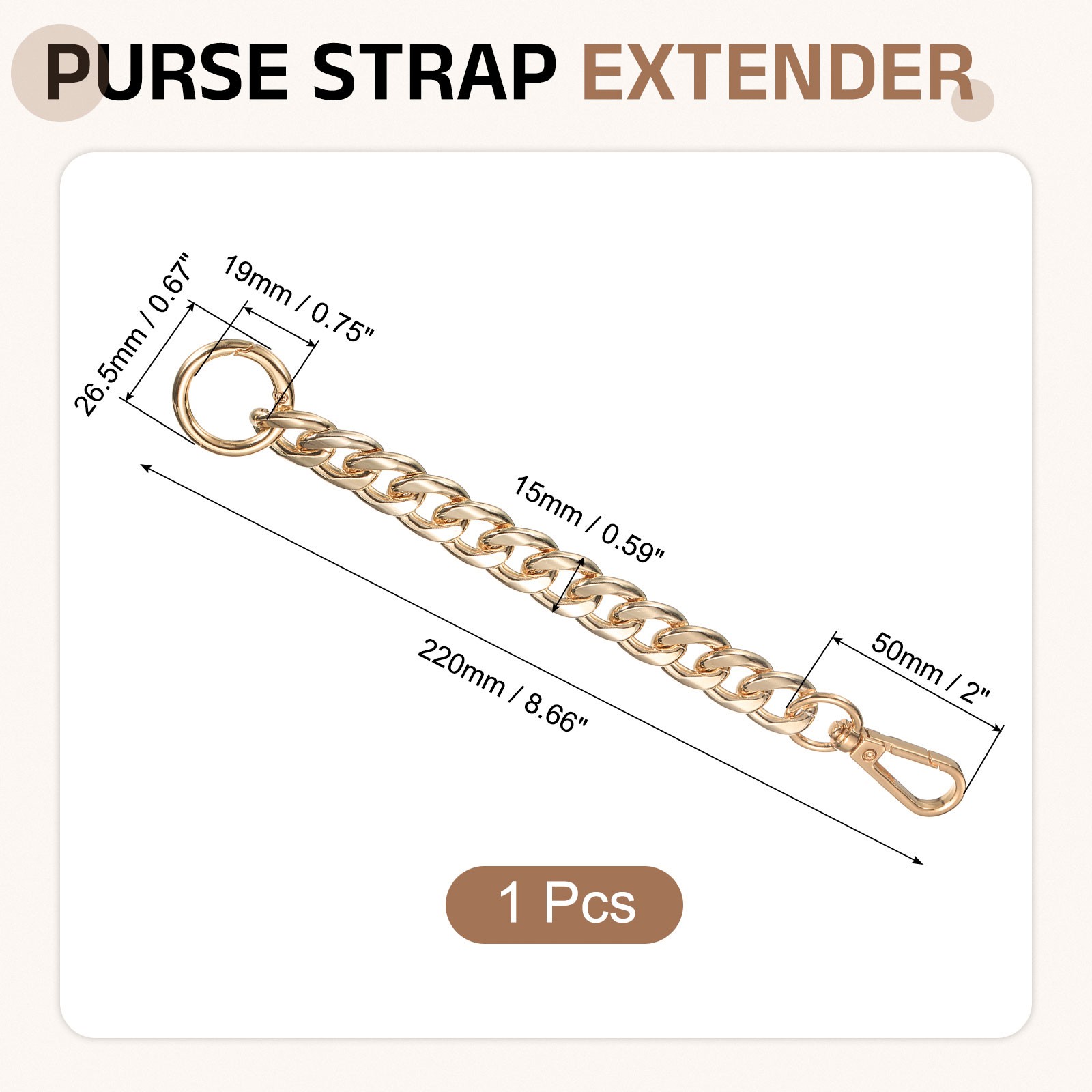 Purse Strap Extender 8.7-Inch, Bag Extender Chain Light Gold, 0.6 Width