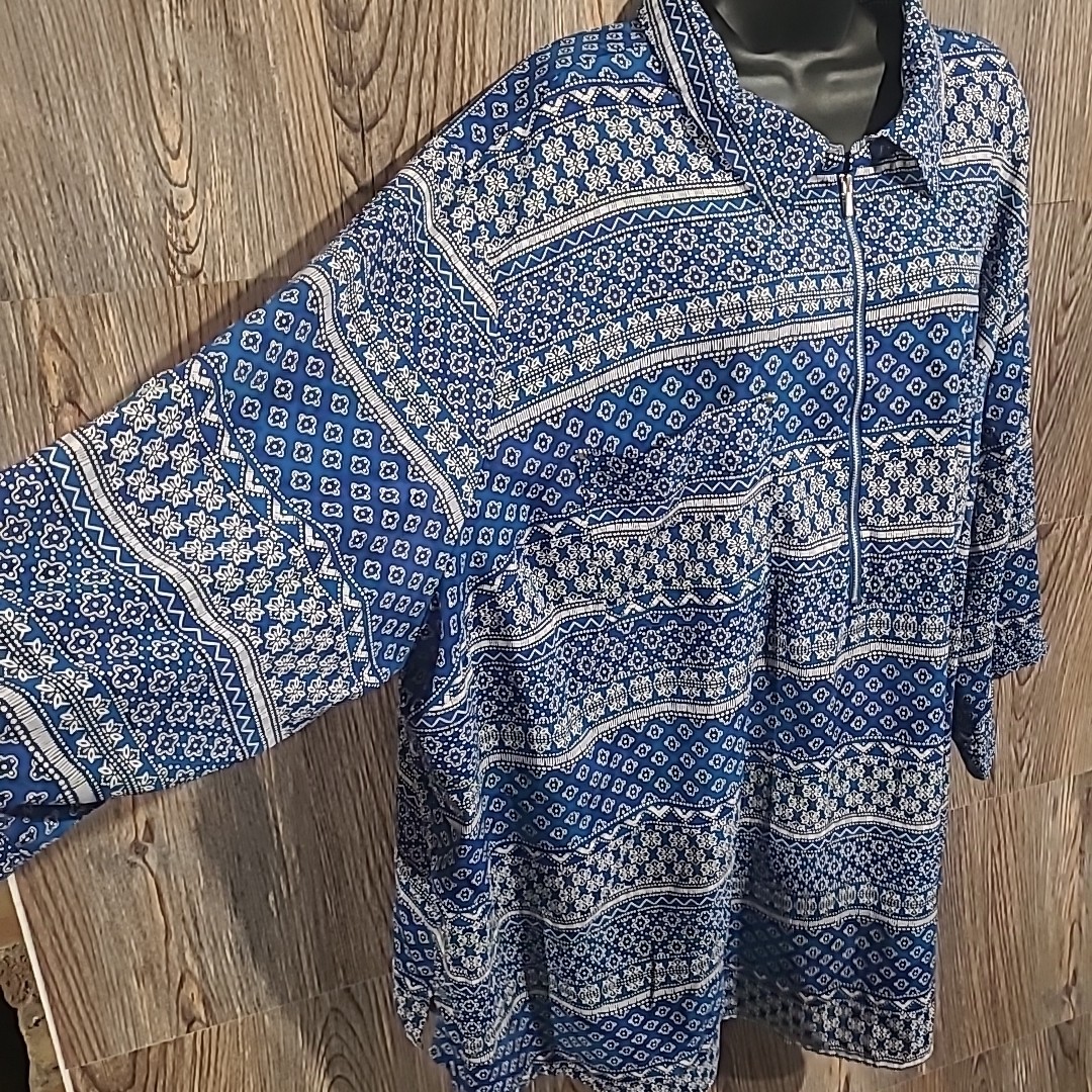 Catherines 1/2 Zip Blue Geometric Blouse Top Plus Size 4X Western Lightweight