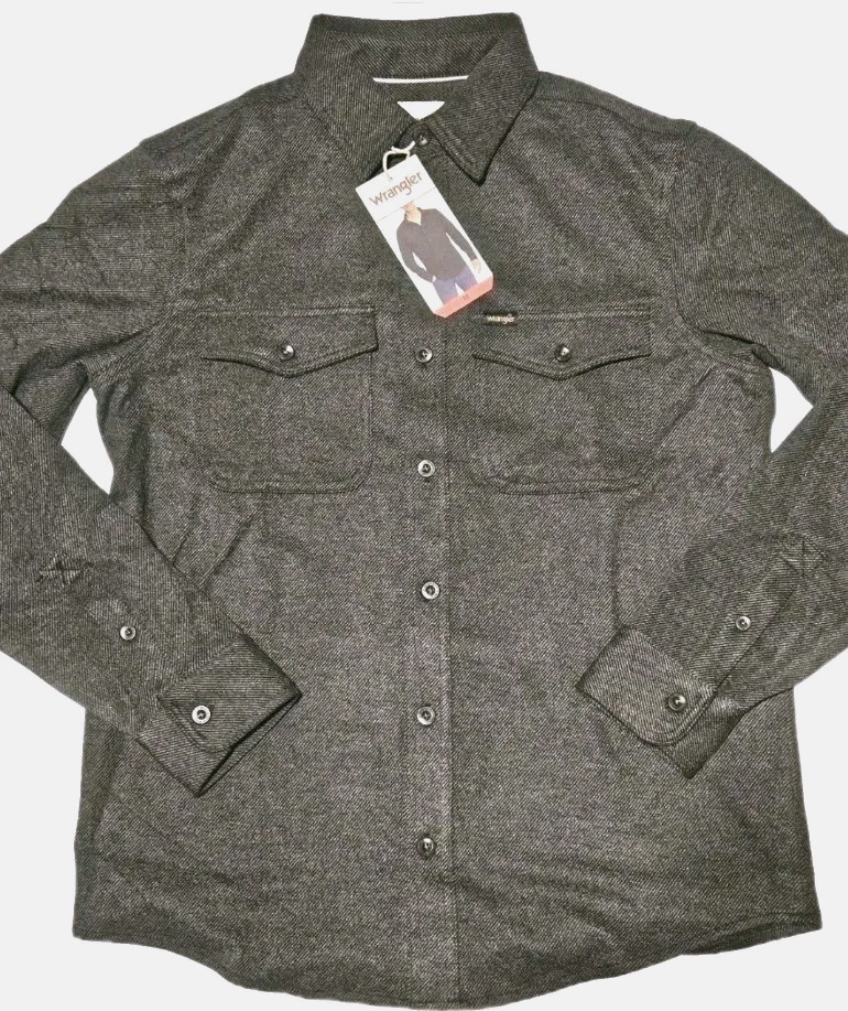 Wrangler Flannel Knit Men’s Shirt Button Down Size: Large 2-Way Stretch,Gray NWT