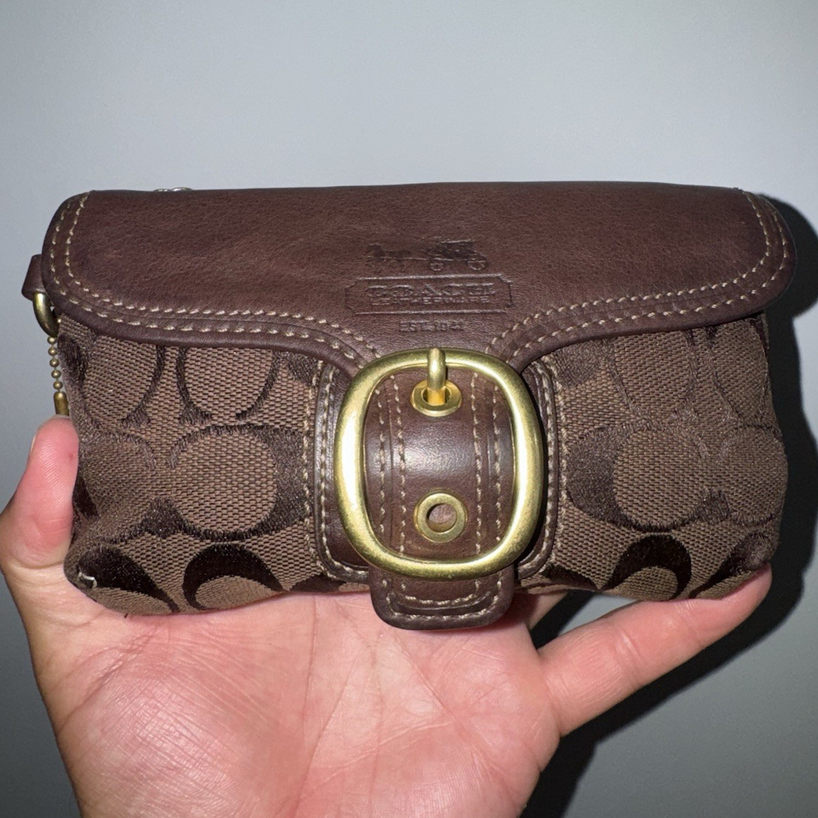 Coach Brown Signature Logo Wristlet Wallet Buckle Flap Zipper Women