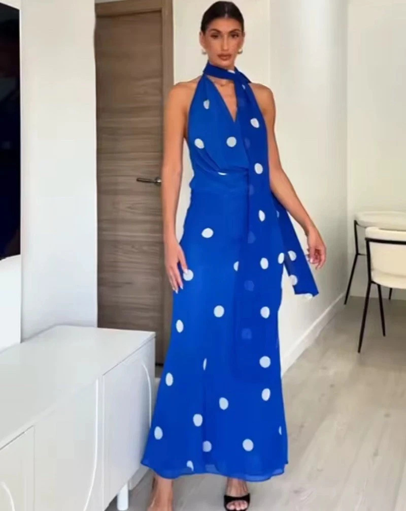 ZARA HALTER SCARF PRINTED POLKA DOT DRESS BLUE WHITE Ref 8410/430 Size M #B68