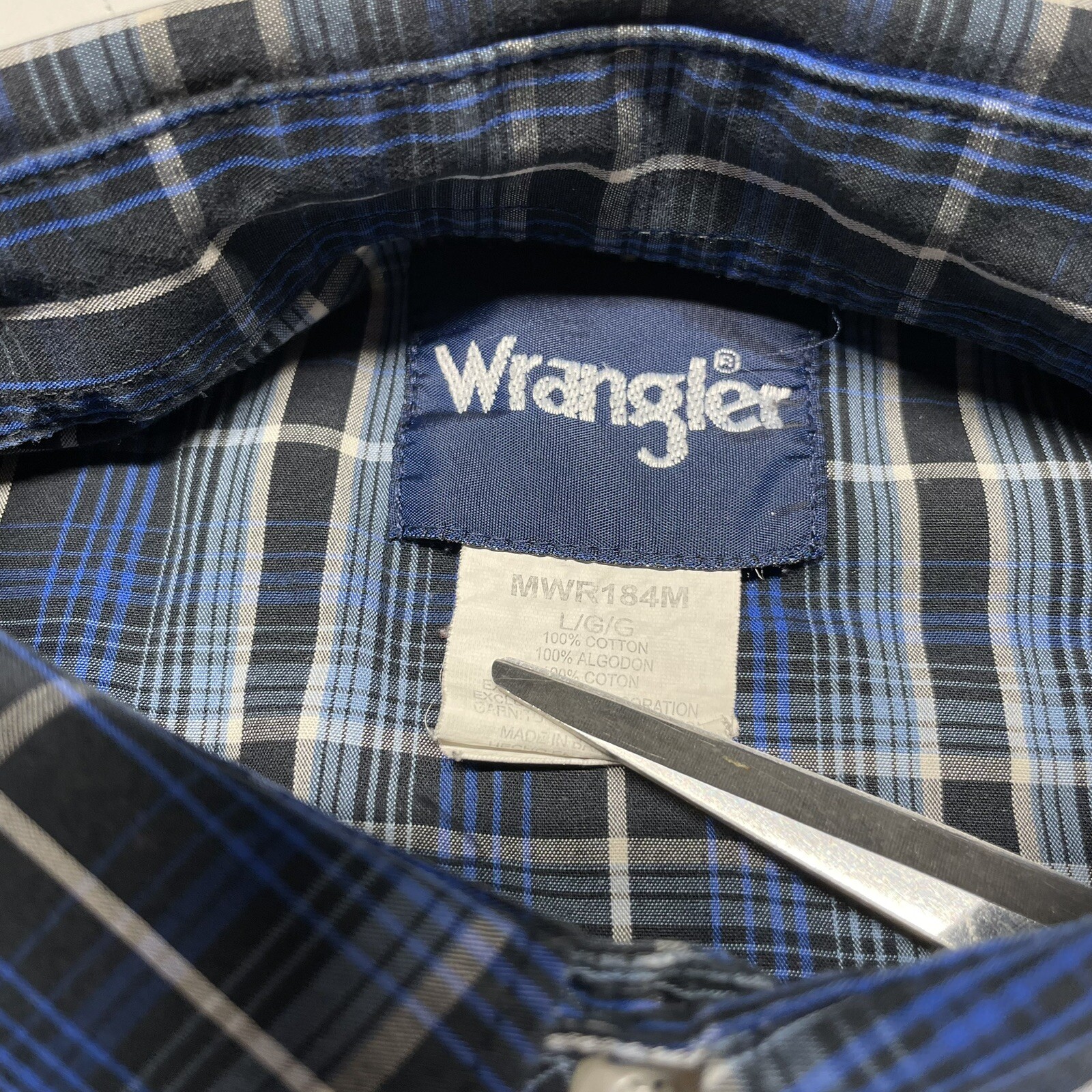 Vintage 90s Wrangler Plaid Button Up Shirt Mens Large Blue White Western Hipster